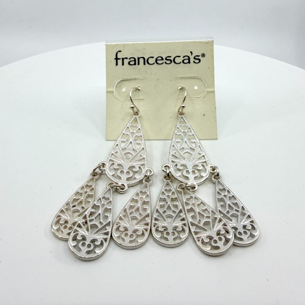 Francesca's Silver Filigree Chandelier Earrings Boho Statement NWT